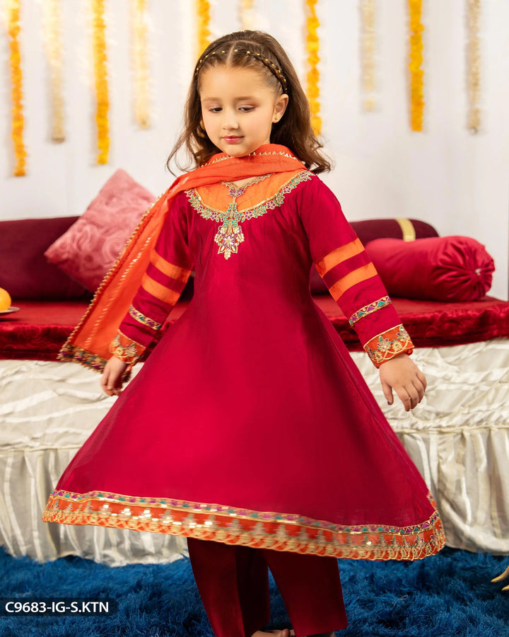 Kids 3 Piece Chambray Katan Frock | 9683-IG-S.KTN - Sha Posh Textile