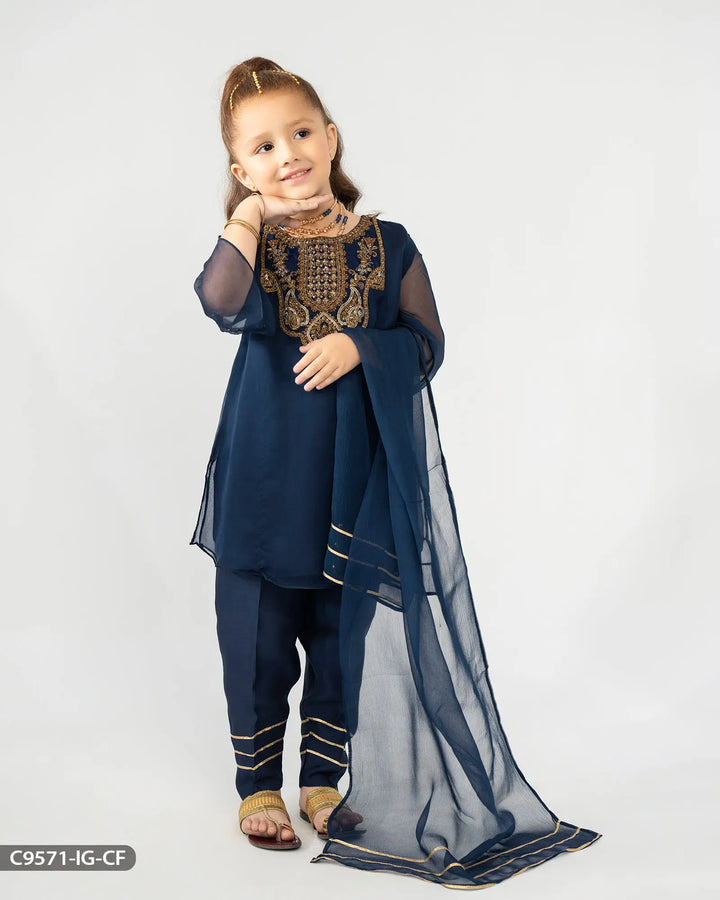 Kids Stitched 3 Piece Chiffon Suit | 9571-IG-CF Sha Posh Textile