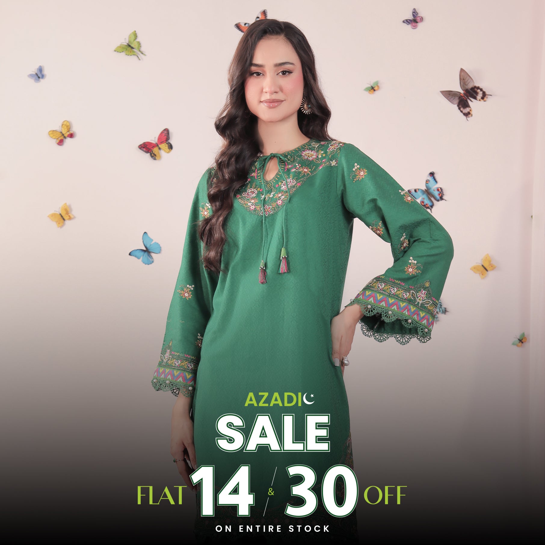 Woman wearing a green embroidered dress with a sale promotion text overlay on a light background with butterflies.