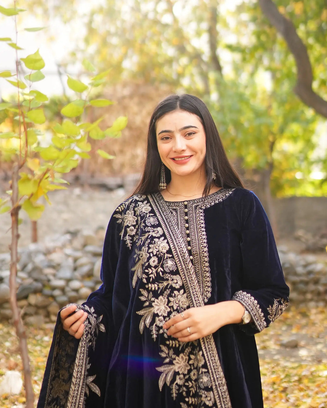 Stitched 3 Piece Velvet Frock | 1055-ST-VLT - Sha Posh Textile