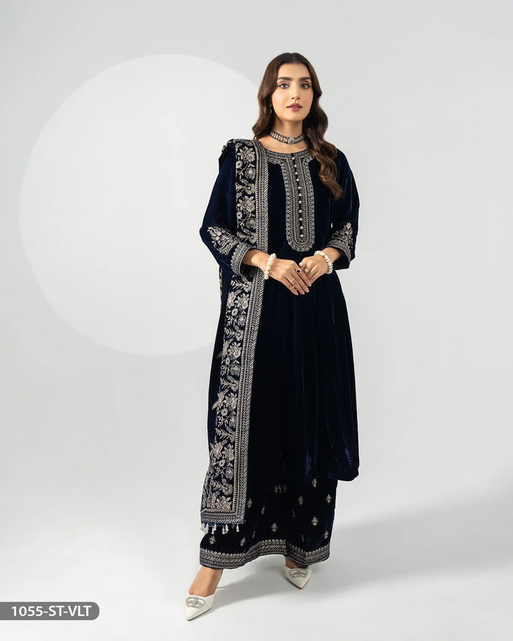 Stitched 3 Piece Velvet Frock | 1055-ST-VLT - Sha Posh Textile