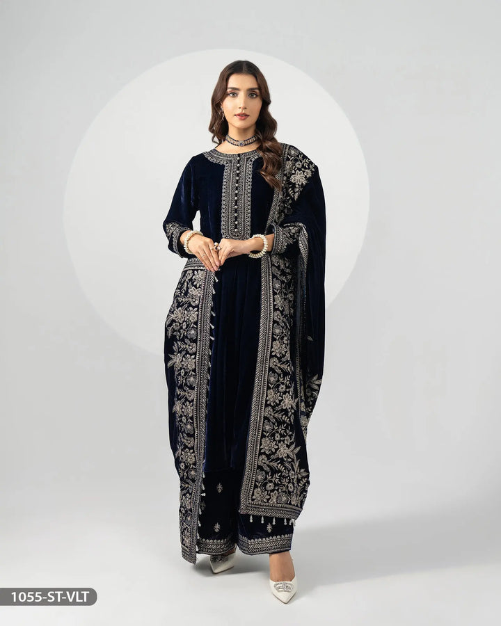 Stitched 3 Piece Velvet Frock | 1055-ST-VLT - Sha Posh Textile