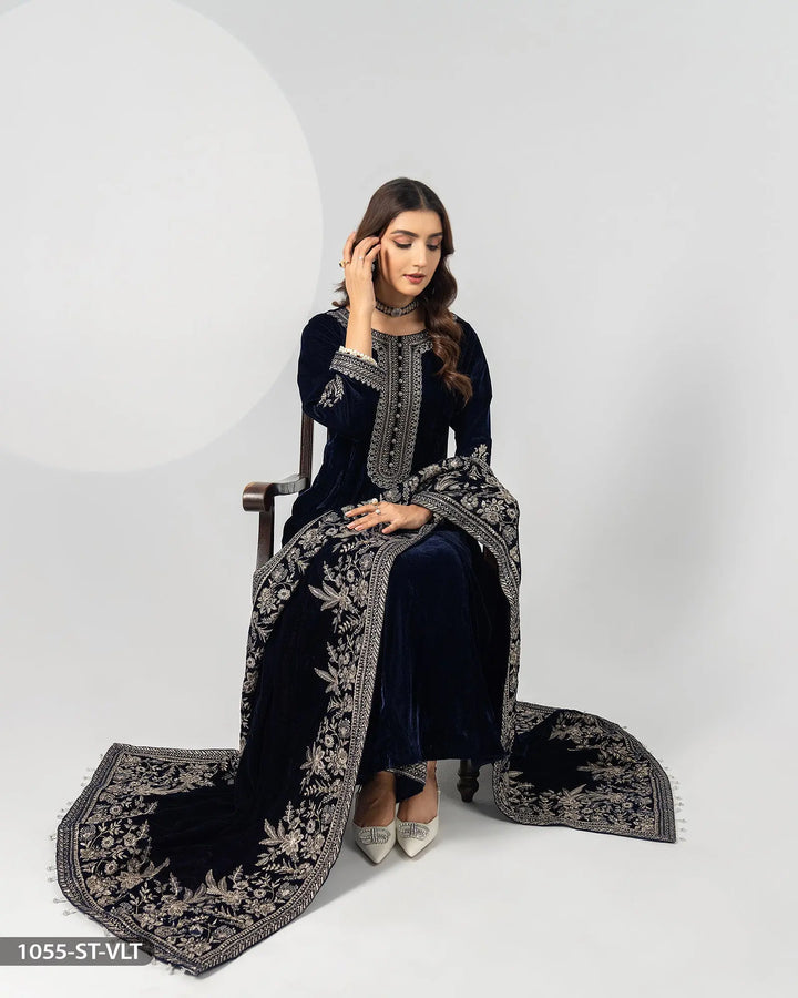 Stitched 3 Piece Velvet Frock | 1055-ST-VLT - Sha Posh Textile