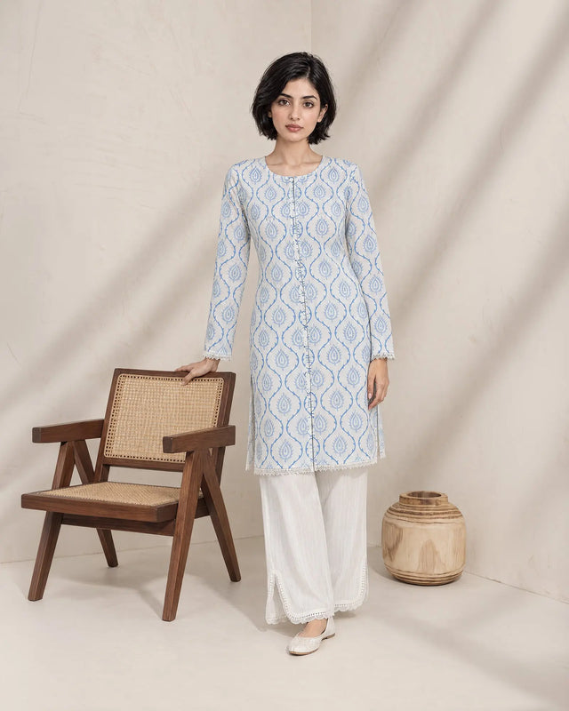 Women’s Off-White Printed Cotton 2 Piece Palazzo Suit Sha Posh Textile