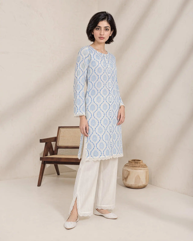 Women’s Off-White Printed Cotton 2 Piece Palazzo Suit Sha Posh Textile