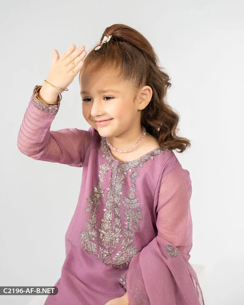 Kids 3 Piece Bori Net Embroidered Suit | 2196-AF-B.NET ShaPosh Textile