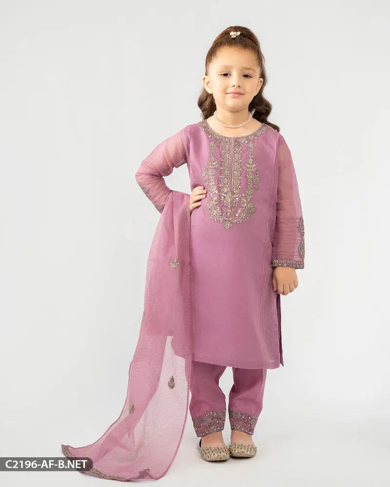 Kids 3 Piece Bori Net Embroidered Suit | 2196-AF-B.NET ShaPosh Textile