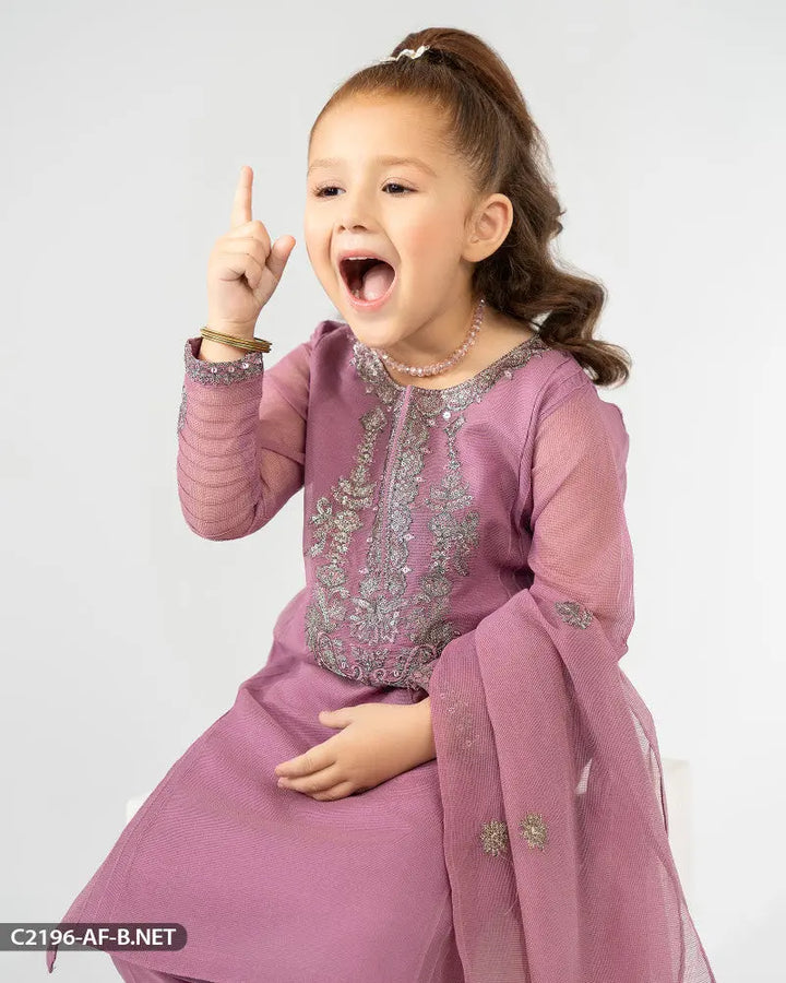 Kids 3 Piece Bori Net Embroidered Suit | 2196-AF-B.NET ShaPosh Textile