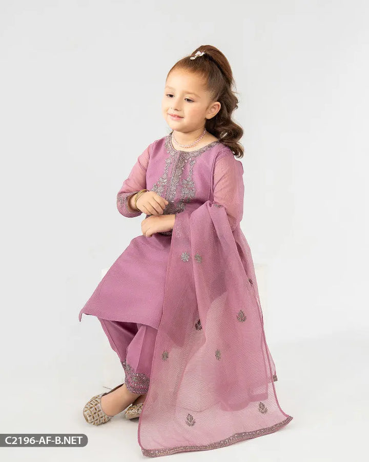 Kids 3 Piece Bori Net Embroidered Suit | 2196-AF-B.NET ShaPosh Textile