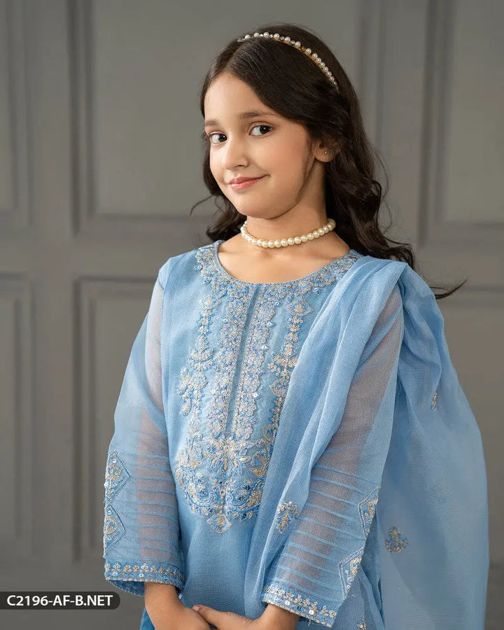 Kids 3 Piece Bori Net Embroidered Suit | 2196-AF-B.NET ShaPosh Textile