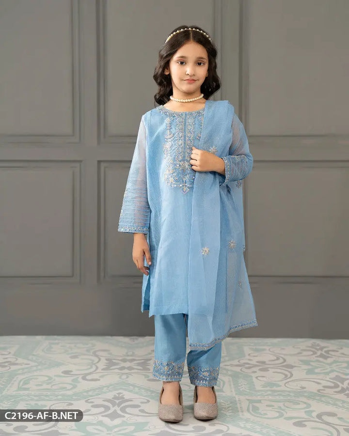 Kids 3 Piece Bori Net Embroidered Suit | 2196-AF-B.NET ShaPosh Textile