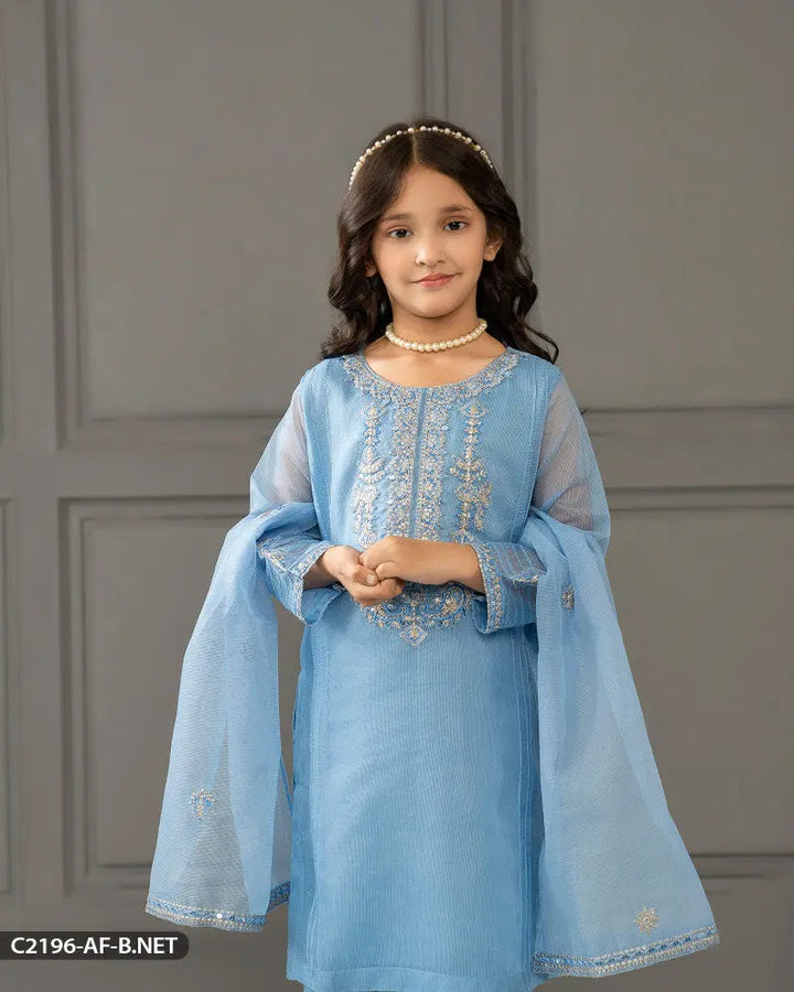Kids 3 Piece Bori Net Embroidered Suit | 2196-AF-B.NET ShaPosh Textile