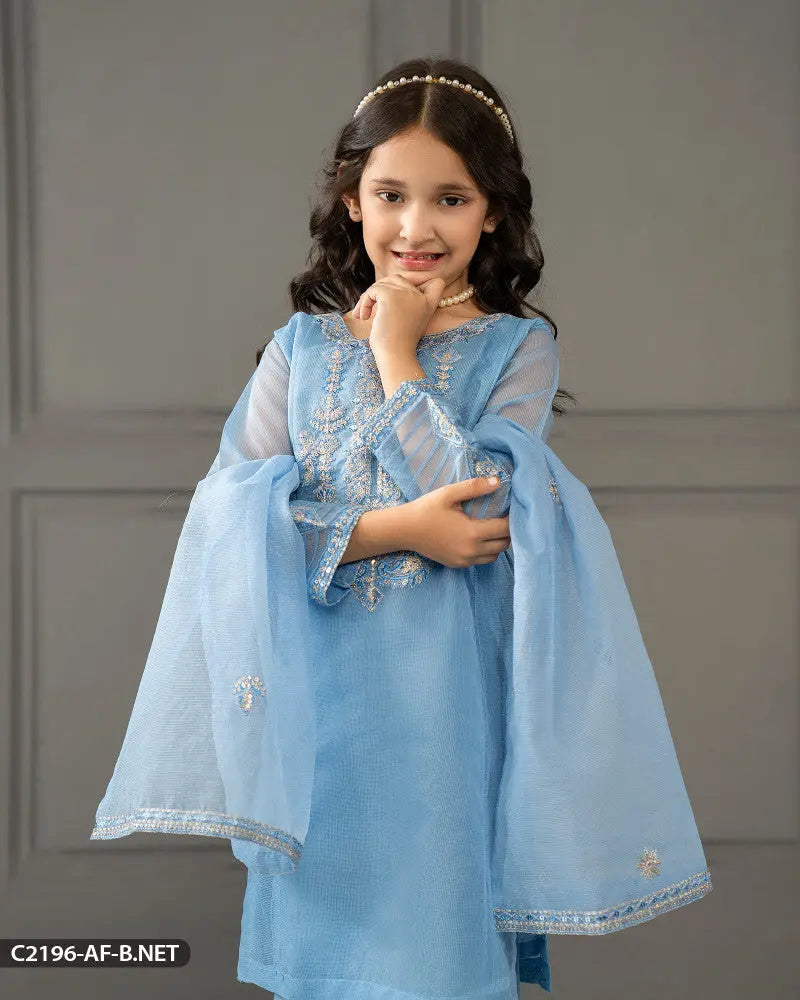 Kids 3 Piece Bori Net Embroidered Suit | 2196-AF-B.NET ShaPosh Textile