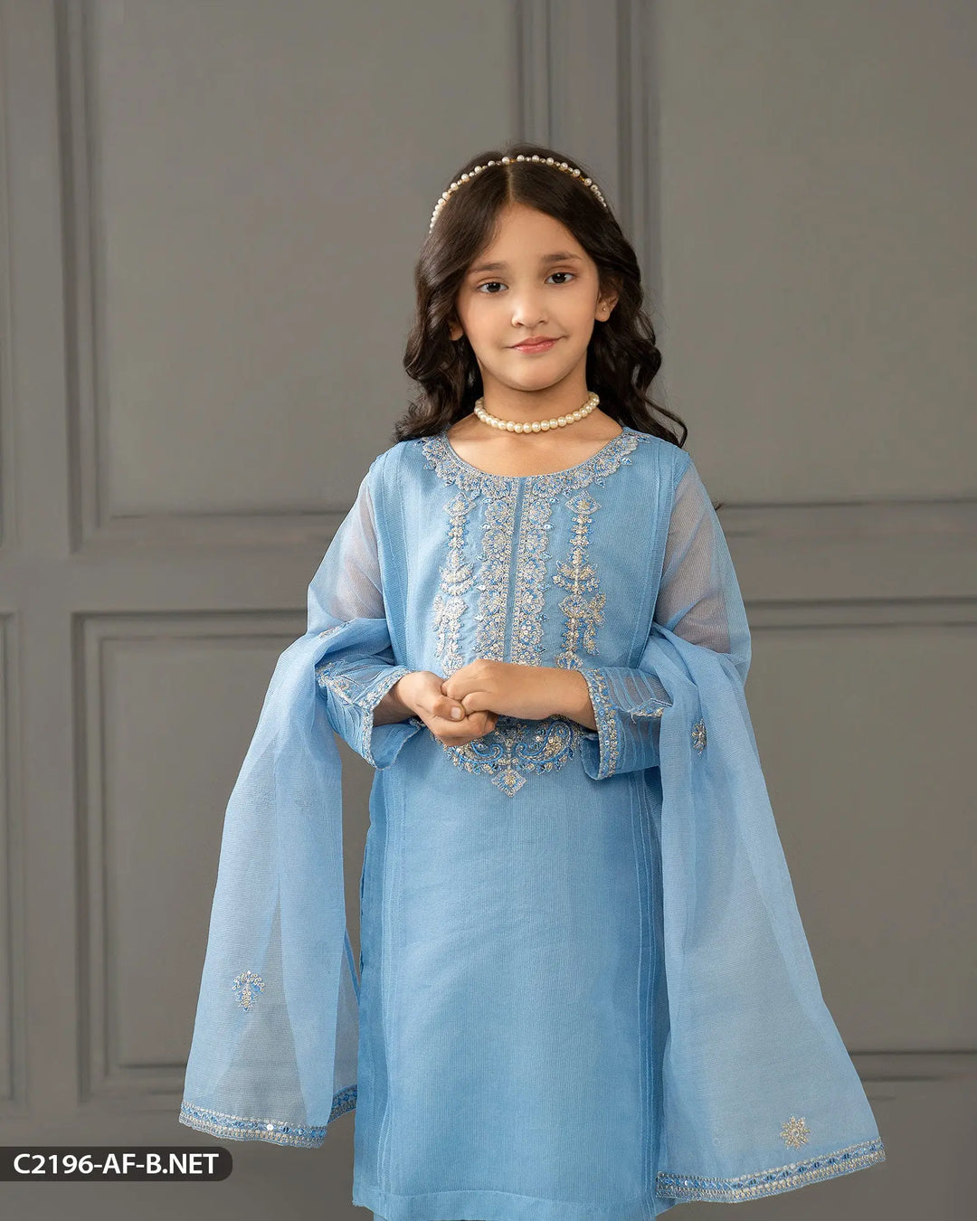 Kids 3 Piece Bori Net Embroidered Suit | 2196-AF-B.NET ShaPosh Textile