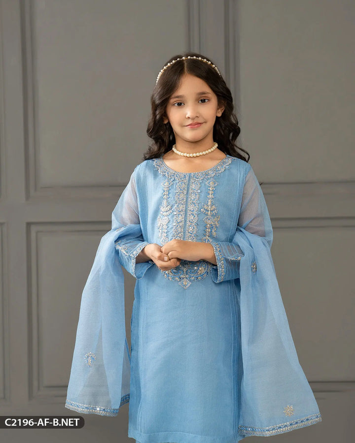 Kids 3 Piece Bori Net Embroidered Suit | 2196-AF-B.NET ShaPosh Textile