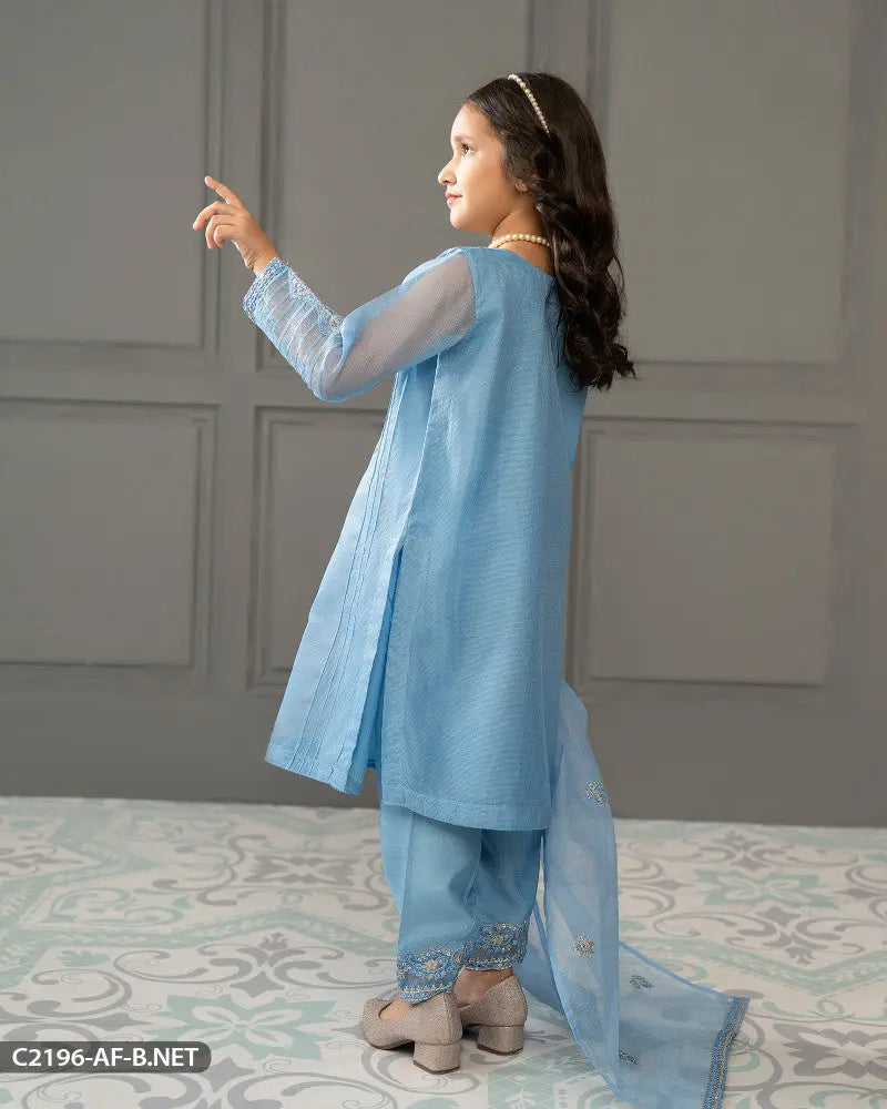 Kids 3 Piece Bori Net Embroidered Suit | 2196-AF-B.NET ShaPosh Textile