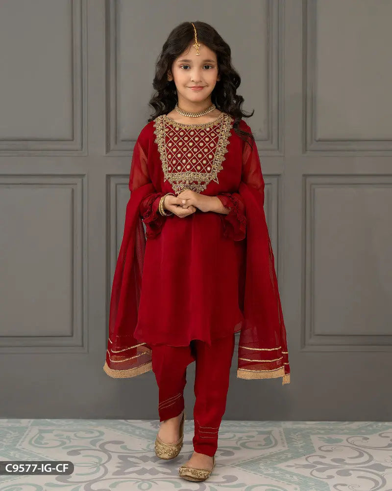 Kids Stitched 3 Piece Chiffon Suit | 9577-IG-CF ShaPosh Textile