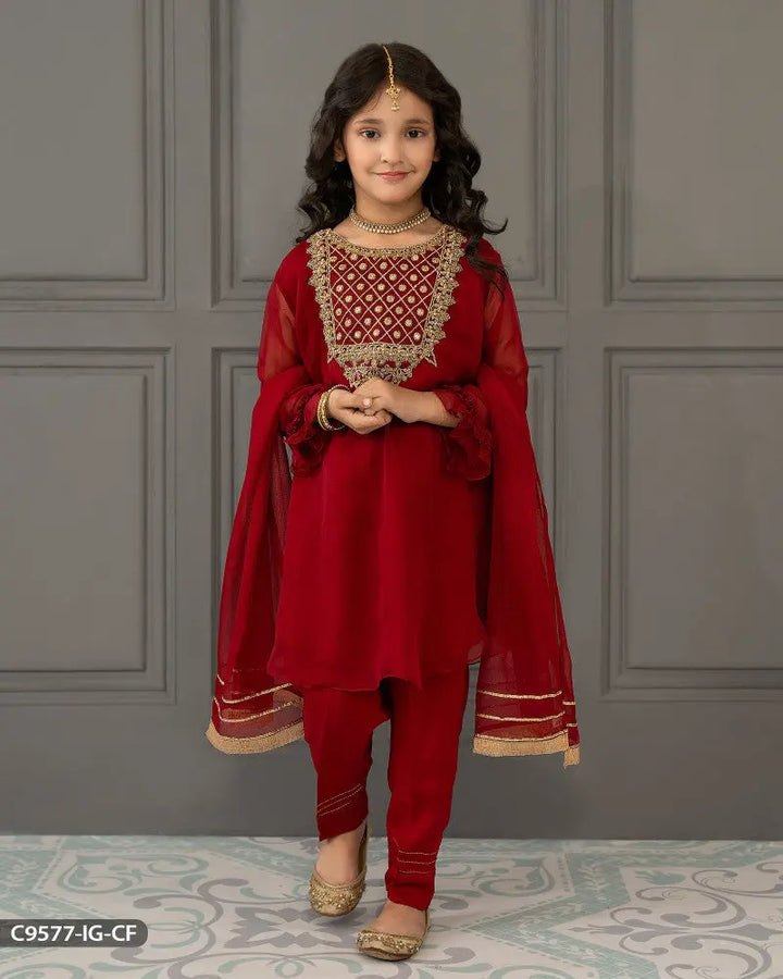 Kids Stitched 3 Piece Chiffon Suit | 9577-IG-CF ShaPosh Textile