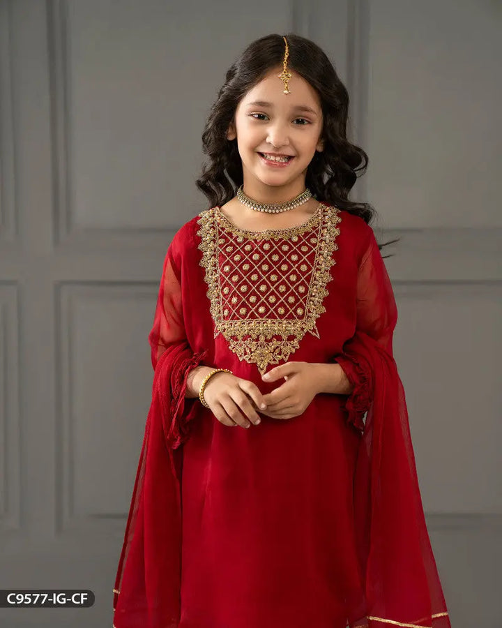 Kids Stitched 3 Piece Chiffon Suit | 9577-IG-CF ShaPosh Textile