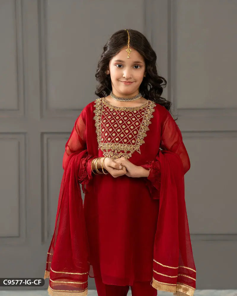 Kids Stitched 3 Piece Chiffon Suit | 9577-IG-CF ShaPosh Textile